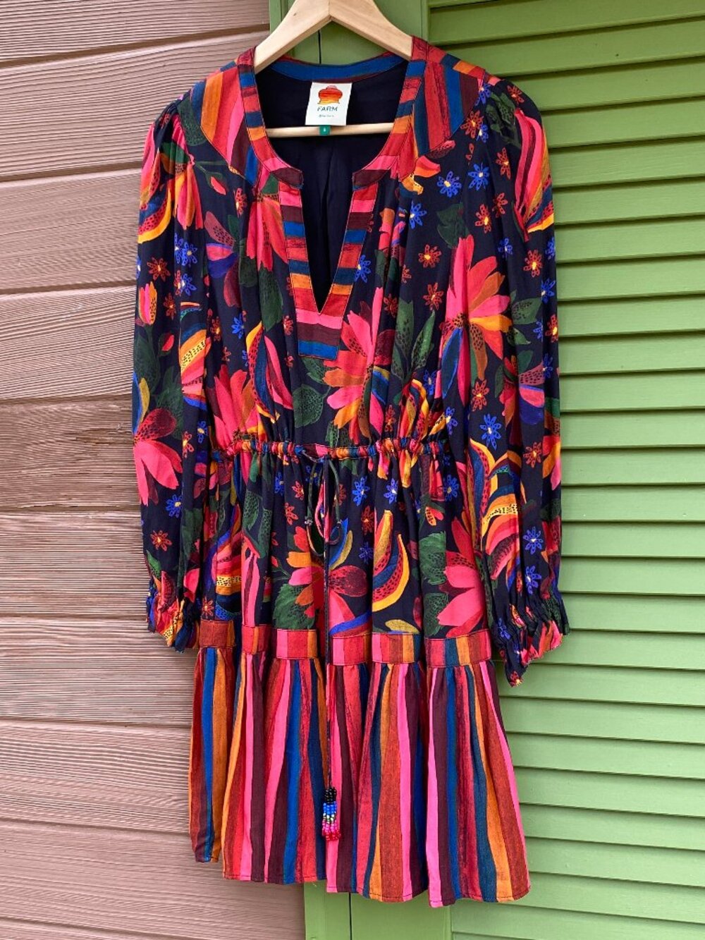 FARM Rio Rayon Black Banana Sky Tiered Mini Dress w/ Beaded Tassel Ties - Size S